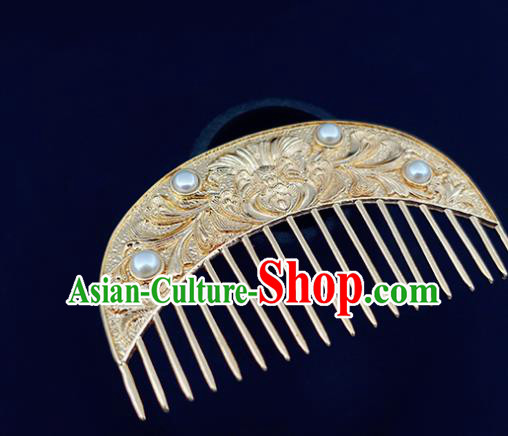 Chinese Classical Golden Hair Comb Handmade Hanfu Hair Accessories Ancient Tang Dynasty Empress Carving Peony Pearls Hairpins