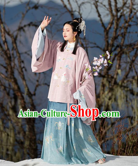 Chinese Ancient Hanfu Apparels Traditional Ming Dynasty Historical Costumes Patrician Lady Embroidered Pink Blouse and Skirt Full Set