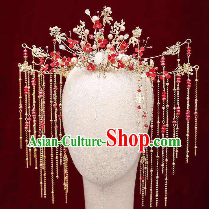 Chinese Classical Wedding Red Beads Hair Crown Handmade Hair Accessories Ancient Bride Hairpins Tassel Phoenix Coronet Complete Set