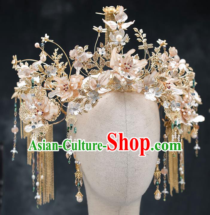 Chinese Classical Wedding Hair Crown Handmade Hair Accessories Ancient Bride Hairpins Champagne Flowers Phoenix Coronet Complete Set