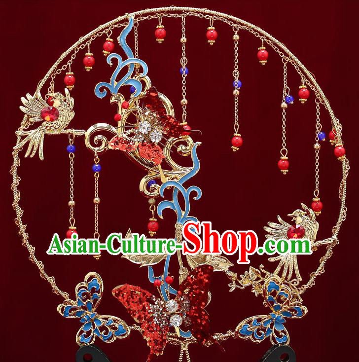Chinese Handmade Wedding Blueing Butterfly Palace Fans Classical Fans Ancient Bride Red Round Fans