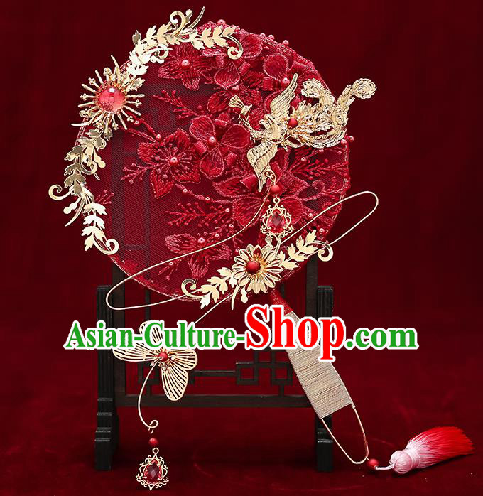 Chinese Handmade Wedding Red Lace Flowers Palace Fans Classical Fans Ancient Bride Golden Butterfly Round Fans