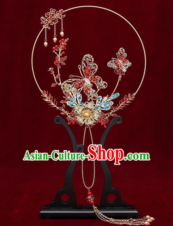 Chinese Handmade Wedding Palace Fans Classical Fans Ancient Bride Red Crystal Butterfly Round Fans