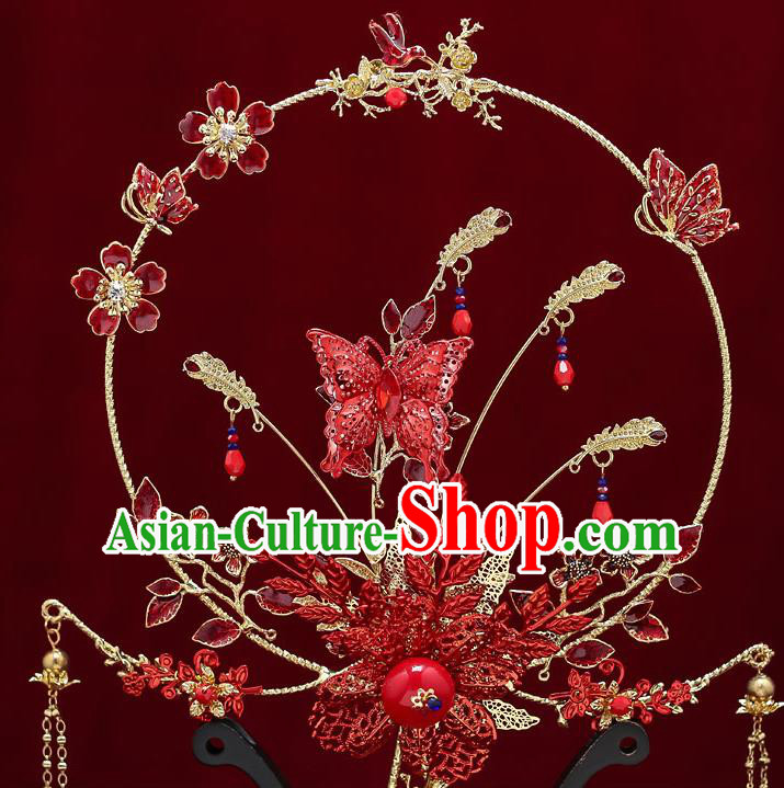 Chinese Handmade Wedding Red Butterfly Plum Palace Fans Classical Fans Ancient Bride Tassel Round Fans