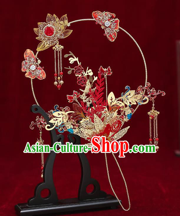 Chinese Handmade Wedding Red Butterfly Lotus Palace Fans Classical Fans Ancient Bride Tassel Round Fans