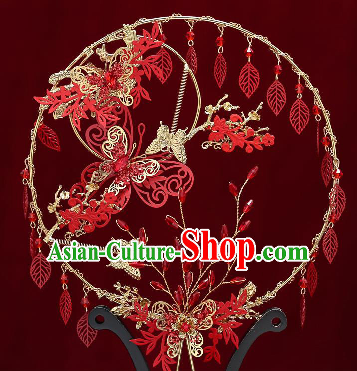 Chinese Handmade Wedding Red Leaf Palace Fans Classical Fans Ancient Bride Butterfly Round Fans