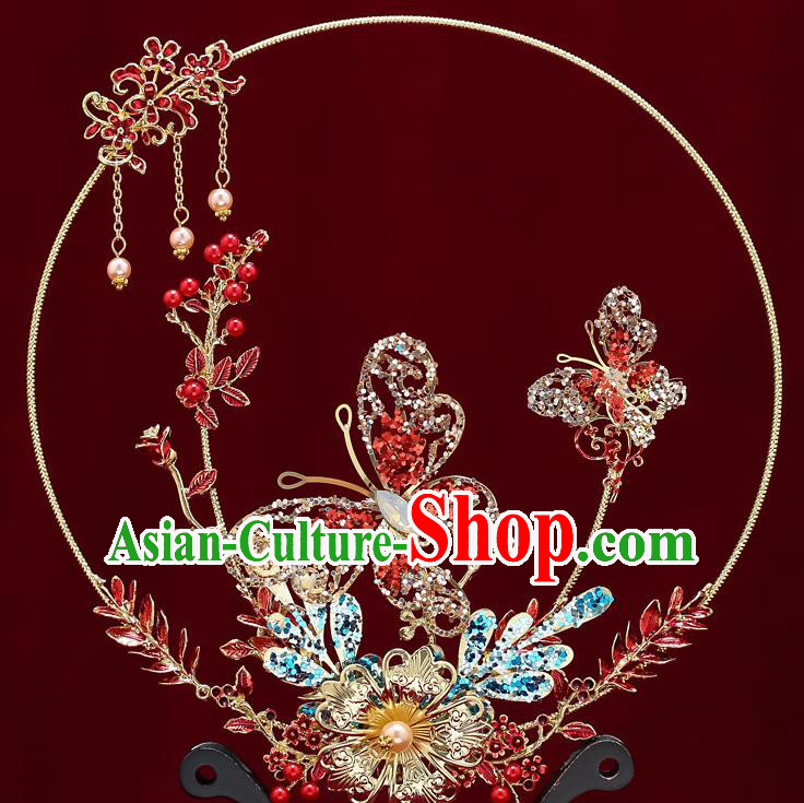 Chinese Handmade Wedding Palace Fans Classical Fans Ancient Bride Red Crystal Butterfly Round Fans