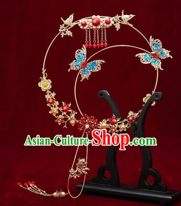 Chinese Handmade Wedding Palace Fans Classical Fans Ancient Bride Blue Crystal Butterfly Round Fans