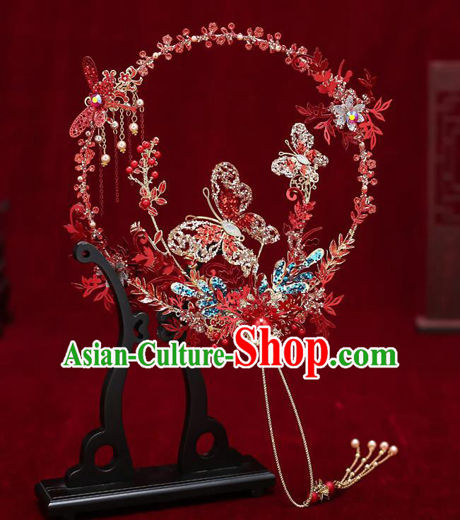 Chinese Handmade Wedding Red Dragonfly Butterfly Palace Fans Classical Fans Ancient Bride Round Fansa