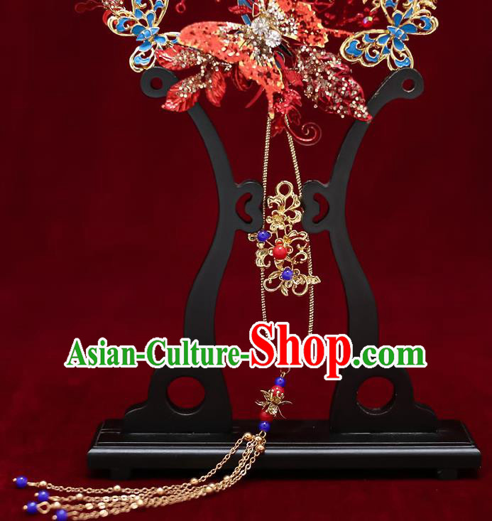 Chinese Handmade Wedding Crystal Red Palace Fans Classical Fans Ancient Bride Blueing Butterfly Round Fans