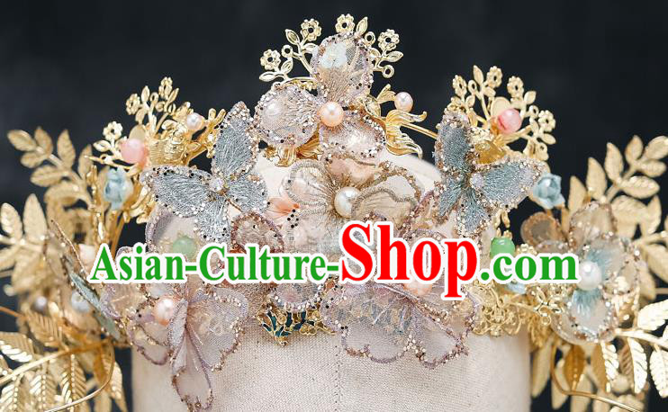 Chinese Classical Wedding Flowers Butterfly Hair Crown Handmade Hair Accessories Ancient Bride Hairpins Complete Set