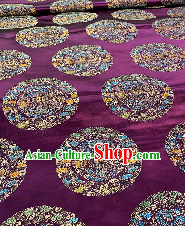 Chinese Traditional Five Dragons Pattern Purple Silk Fabric Brocade Drapery Mongolian Robe Damask Material