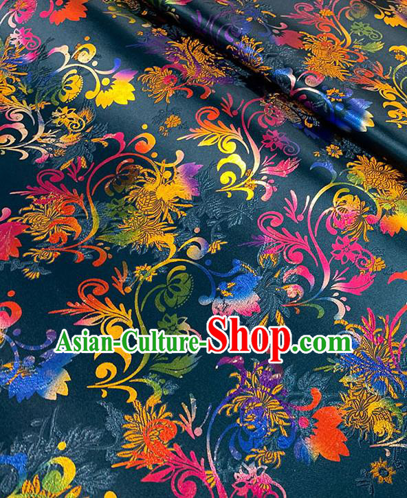 Chinese Traditional Chrysanthemum Pattern Navy Blue Silk Fabric Brocade Drapery Qipao Dress Damask Material