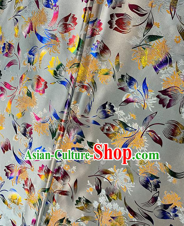 Chinese Traditional Tulip Pattern Grey Silk Fabric Brocade Drapery Qipao Dress Damask Material