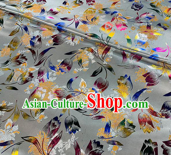 Chinese Traditional Tulip Pattern Grey Silk Fabric Brocade Drapery Qipao Dress Damask Material