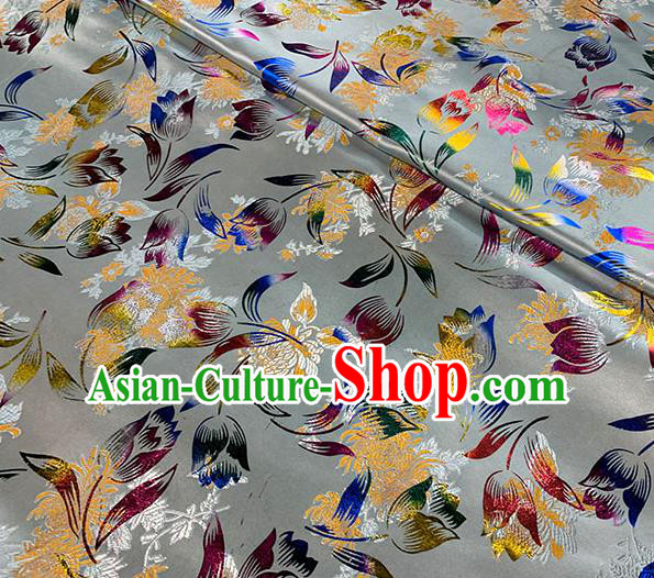 Chinese Traditional Tulip Pattern Grey Silk Fabric Brocade Drapery Qipao Dress Damask Material
