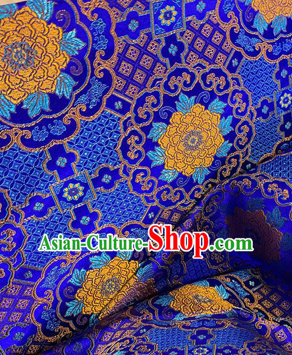 Chinese Traditional Yellow Peony Pattern Royalblue Silk Fabric Brocade Drapery Tang Suit Damask Material