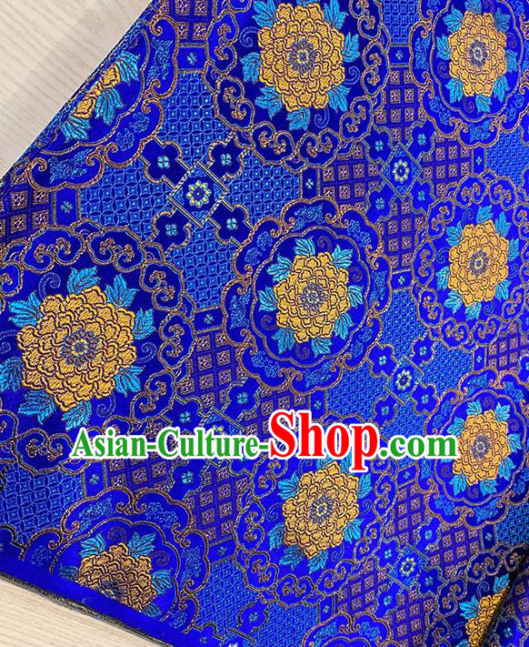 Chinese Traditional Yellow Peony Pattern Royalblue Silk Fabric Brocade Drapery Tang Suit Damask Material