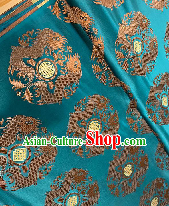 Chinese Traditional Double Dragon Pattern Blue Silk Fabric Tang Suit Damask Material Brocade Drapery