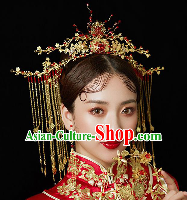 Chinese Handmade Hair Crown Classical Wedding Hair Accessories Ancient Bride Hairpins Red Crystal Phoenix Coronet Complete Set