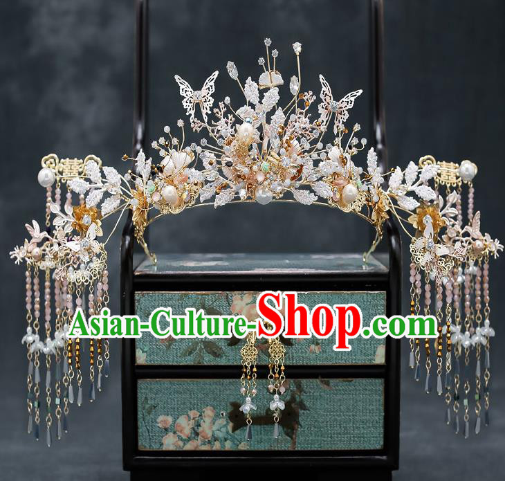 Chinese Handmade Beads Hair Crown Classical Wedding Hair Accessories Ancient Bride Hairpins Tassel Phoenix Coronet Complete Set