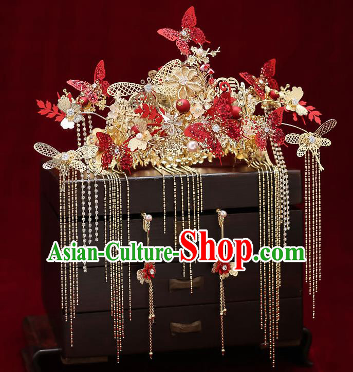 Chinese Handmade Red Butterfly Hair Crown Classical Wedding Hair Accessories Ancient Bride Hairpins Phoenix Coronet Complete Set
