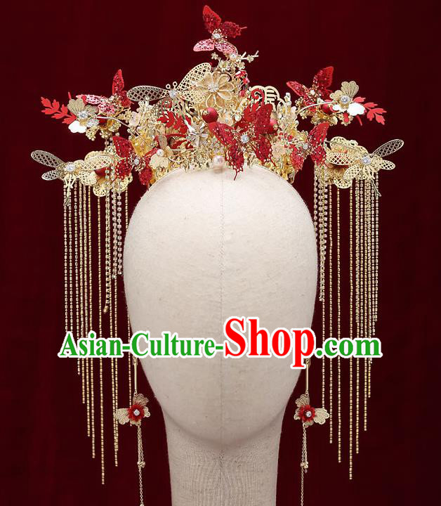 Chinese Handmade Red Butterfly Hair Crown Classical Wedding Hair Accessories Ancient Bride Hairpins Phoenix Coronet Complete Set