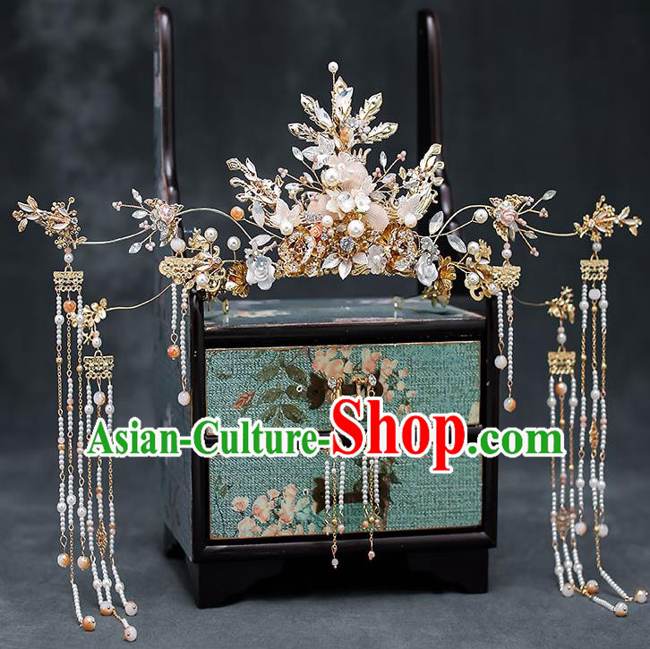 Chinese Handmade Beads Tassel Hair Crown Classical Wedding Hair Accessories Ancient Bride Hairpins Phoenix Coronet Complete Set