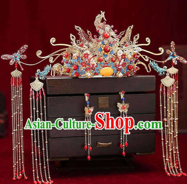 Chinese Handmade Dragonfly Hair Crown Classical Wedding Hair Accessories Ancient Bride Hairpins Blueing Phoenix Coronet Complete Set