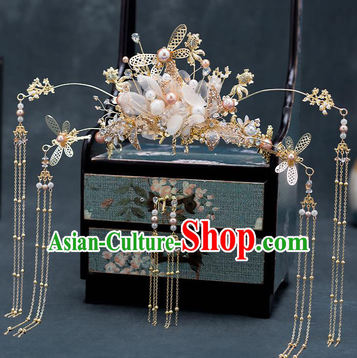 Chinese Handmade Golden Hair Crown Classical Wedding Hair Accessories Ancient Bride Hairpins Silk Flowers Phoenix Coronet Complete Set