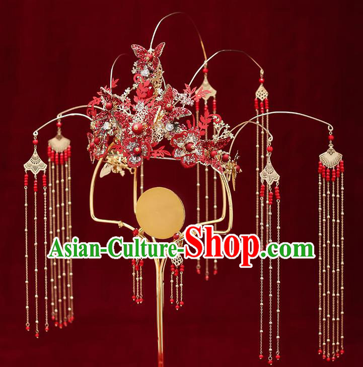 Chinese Handmade Red Butterfly Hair Crown Classical Wedding Hair Accessories Ancient Bride Hairpins Tassel Phoenix Coronet Complete Set