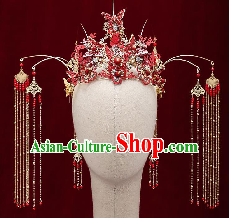 Chinese Handmade Red Butterfly Hair Crown Classical Wedding Hair Accessories Ancient Bride Hairpins Tassel Phoenix Coronet Complete Set
