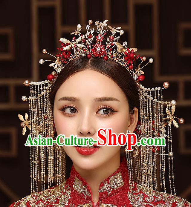 Chinese Handmade Golden Tassel Hair Crown Classical Wedding Hair Accessories Ancient Bride Hairpins Dragonfly Phoenix Coronet Complete Set