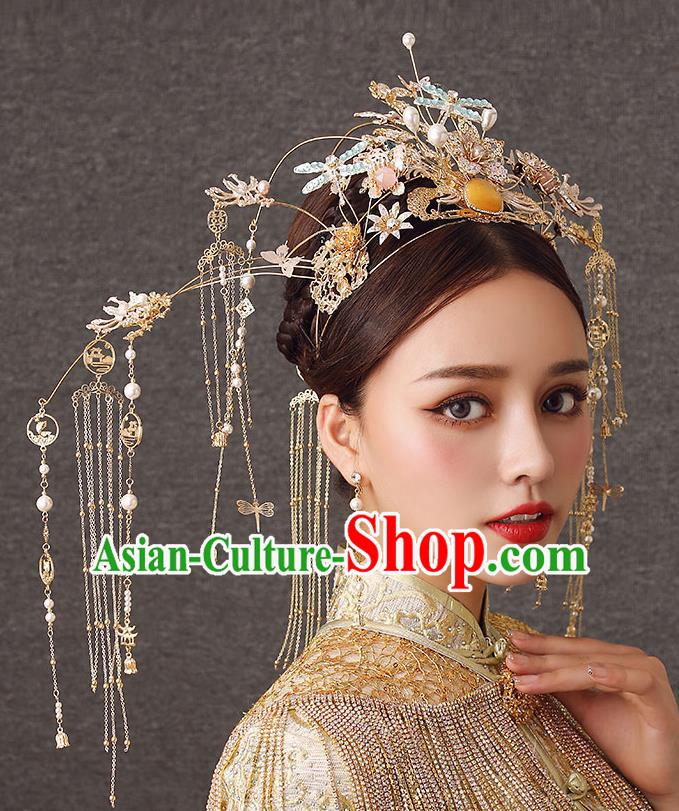 Chinese Handmade Blue Dragonfly Hair Crown Classical Wedding Hair Accessories Ancient Bride Hairpins Golden Phoenix Coronet Complete Set