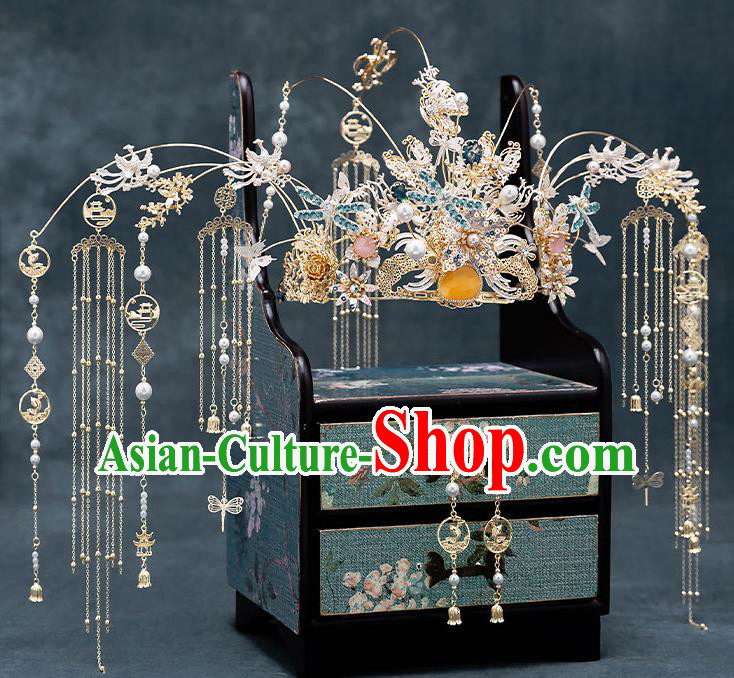 Chinese Handmade Blue Dragonfly Hair Crown Classical Wedding Hair Accessories Ancient Bride Hairpins Golden Phoenix Coronet Complete Set