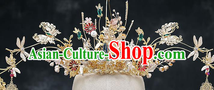 Chinese Handmade Golden Phoenix Coronet Classical Wedding Hair Accessories Ancient Bride Hairpins Tassel Hair Crown Complete Set