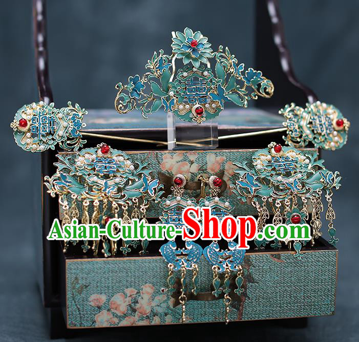 Chinese Handmade Blueing Hair Comb Classical Wedding Hair Accessories Ancient Bride Hairpins Hair Sticks Complete Set
