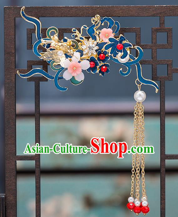 Chinese Handmade Blueing Dragonfly Hair Comb Classical Wedding Hair Accessories Ancient Bride Hairpins Tassel Hair Sticks Complete Set