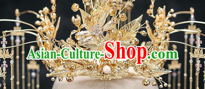 Chinese Handmade Golden Leaf Phoenix Coronet Classical Wedding Hair Accessories Ancient Bride Hairpins Complete Set