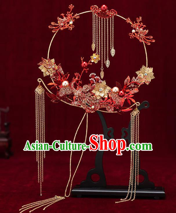 Chinese Handmade Palace Fans Classical Fans Ancient Bride Props Red Crystal Phoenix Tassel Fans