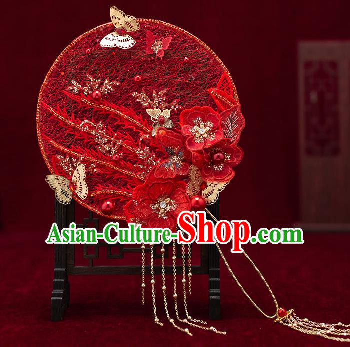Chinese Handmade Wedding Red Lace Palace Fans Classical Fans Ancient Bride Flowers Butterfly Round Fans