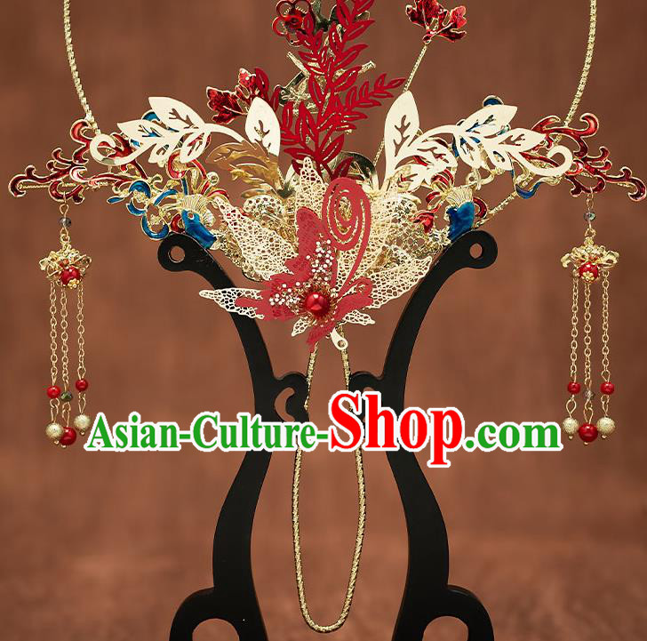 Chinese Handmade Golden Lotus Palace Fans Classical Fans Ancient Bride Props Red Butterfly Fans