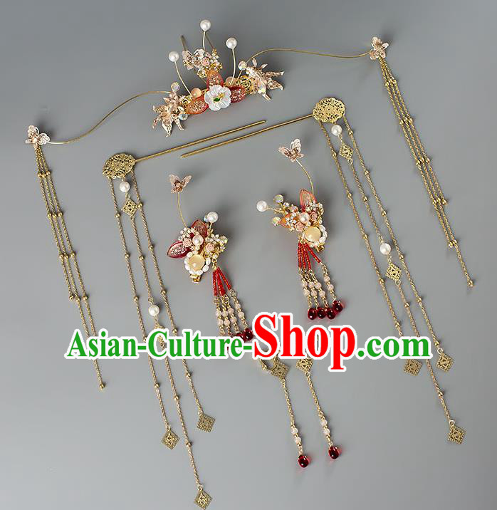 Chinese Handmade Golden Tassel Hair Crown Classical Wedding Hair Accessories Ancient Bride Hairpins Complete Set