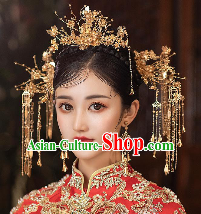 Chinese Handmade Golden Hair Crown Classical Wedding Hair Accessories Ancient Bride Hairpins Tassel Step Shake Complete Set