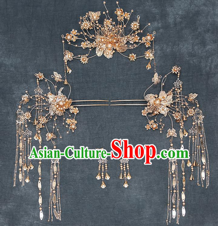 Chinese Handmade Golden Hair Crown Classical Wedding Hair Accessories Ancient Bride Hairpins Tassel Step Shake Complete Set