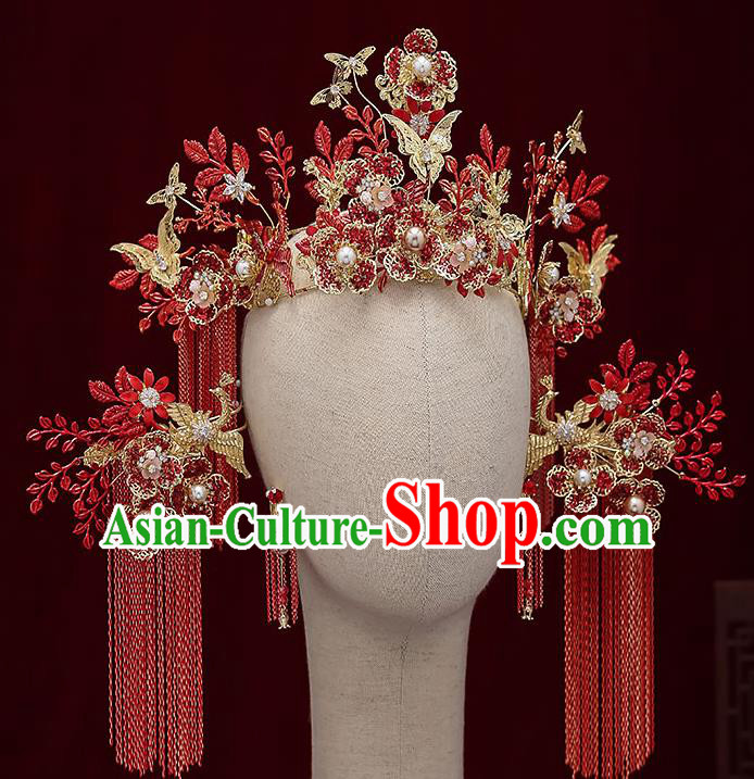 Chinese Handmade Red Tassel Hair Crown Classical Wedding Hair Accessories Ancient Bride Hairpins Complete Set