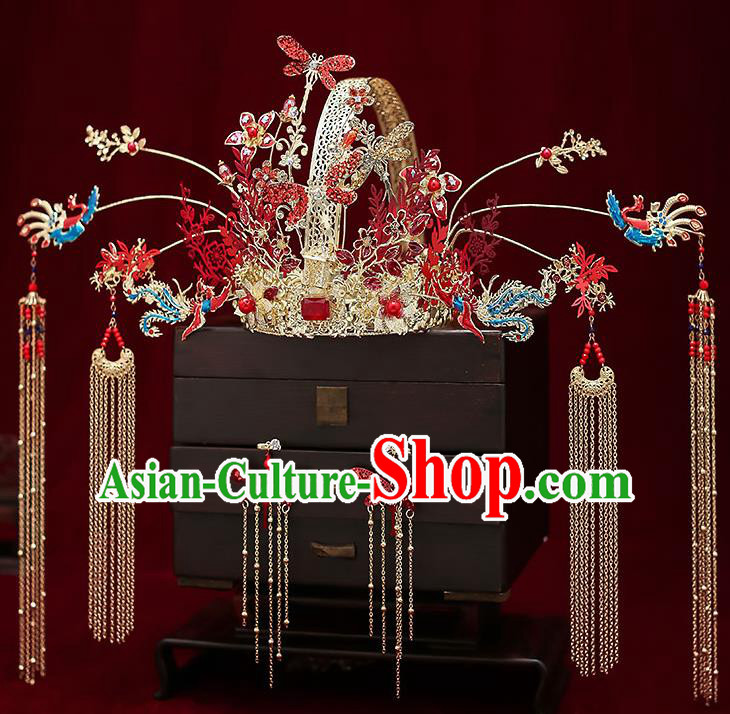 Chinese Handmade Blueing Phoenix Coronet Classical Wedding Hair Accessories Ancient Bride Hairpins Tassel Hair Crown Complete Set