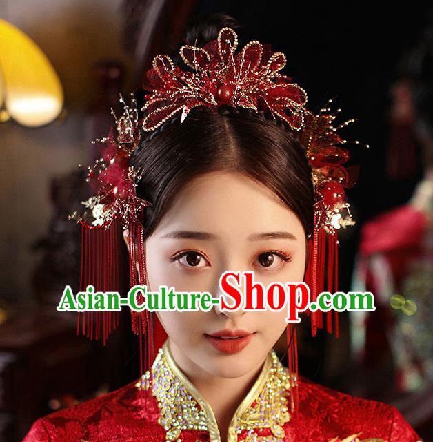 Chinese Handmade Red Flowers Hair Crown Classical Wedding Hair Accessories Ancient Bride Hairpins Tassel Hair Sticks Complete Set