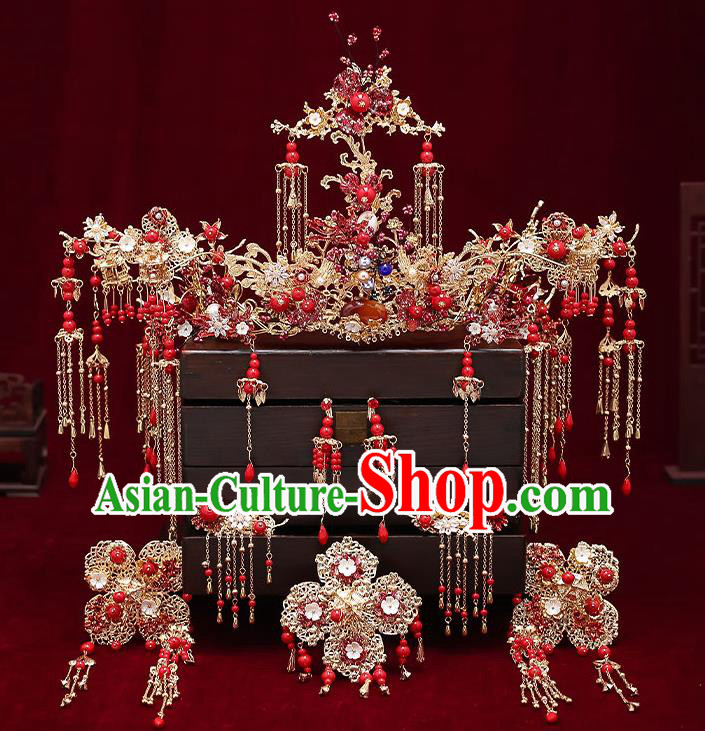 Chinese Handmade Red Beads Hair Crown Classical Wedding Hair Accessories Ancient Bride Phoenix Coronet Hairpins Complete Set