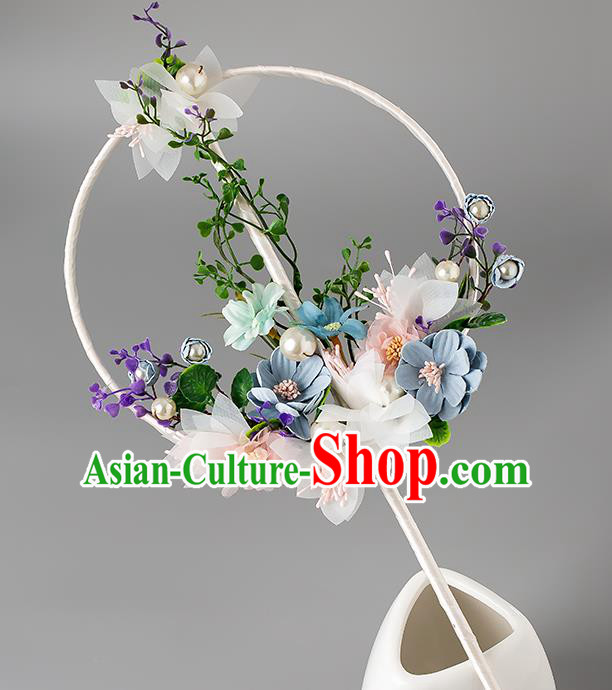 Chinese Handmade Silk Flowers Palace Fans Classical Fans Ancient Bride Props Round Fans